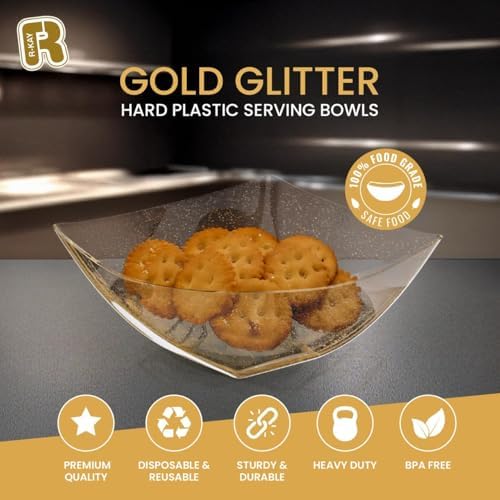 R-kay 6 Pack Gold Small Plastic Serving Bowls 8 oz - Gold Glitter Small Plastic Bowls for Parties, Premium For Weddings Catering And Birthday parties