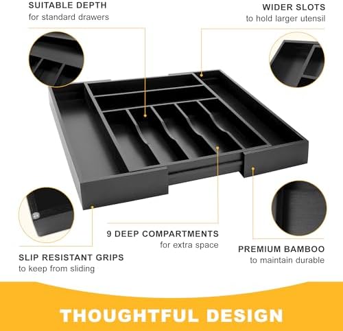 Large Premium Bamboo Silverware Organizer - Expandable Drawer Organizer & Utensil Organizer - 17"x19.7" Cutlery Tray with Dividers for Kitchen Utensils and Flatware (7-9 Slots) (Black)
