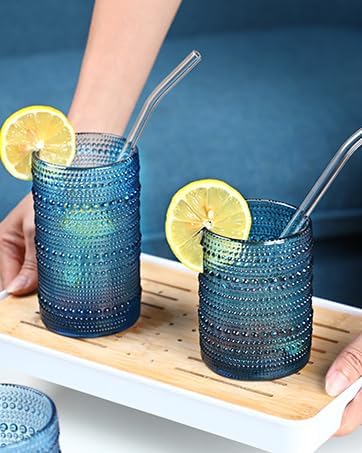 KMIGRUAN Hobnail Drinking Glasses Set of 6,12oz Blue Vintage Glassware,Cocktail Glasses,Embossed Glass Cups,Water Tumbler for Whiskey, Juice and Various Mixed Drinks