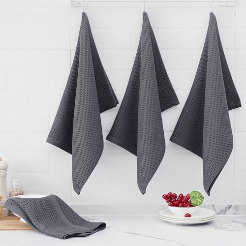 Homaxy 100% Cotton Oversized Waffle Weave Kitchen Towels 4-Pack, Dark Grey
