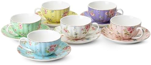 BTaT- Floral Tea Cups and Saucers Set of 6 (7 oz), Porcelain Tea Cups Set of 6, Pastel Bloom Design with Gold Trim, Dishwasher & Freezer Safe (Pack of 2)