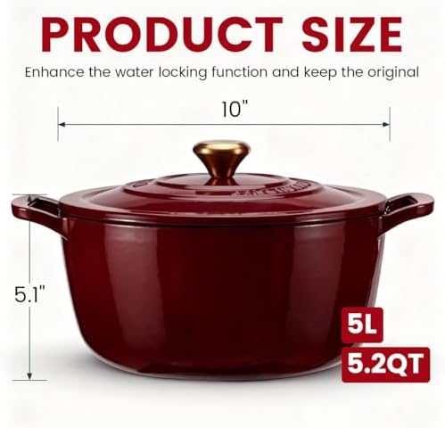 Enameled Cast Iron Dutch Oven 5.2 Qt with Lid, Red