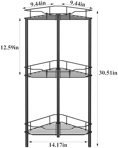 HuggieGems Metal Floor Standing Corner Shower Caddy, Black, 3 Tier