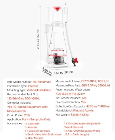 VEVOR Protein Skimmer for 132-264 Gal Saltwater Aquariums In Sump with Pump, Protein Skimmer with DC Pinwheel Pump, Adjustable Control, for 132-264 Gal Saltwater Aquarium & Reef Tank, In Sump Use Only