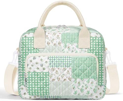 WOBAGMEN Quilted Lunch Box for Women, Insulated Lunch Bag for Adult, Cute Lunch Tote Bags for Work Picnic Travel (Green Patchwork, M)