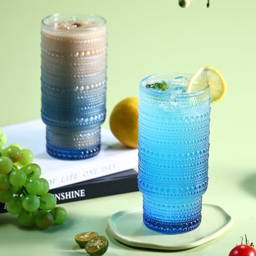 Large Capacity 16 oz Hobnail Drinking Glasses Set of 6,Vintage Glassware Drinking Glasses, Gradual Blue Water Glasses Tumbler, Cups for Kitchen, Juice, Beer, Cocktail, Whiskey