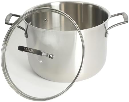 Babish 8 Quart Tri-Ply Stainless Steel Stock Pot with Glass Lid & Black Handles – Dutch Oven, Oven Safe, Dishwasher Safe