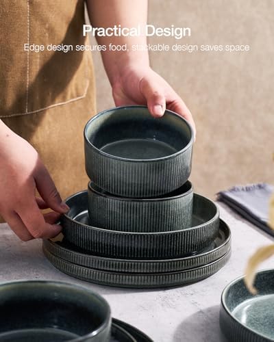 Famiware Star Stoneware Dinnerware Sets with Pasta Bowls, 16pc Dishes for 4