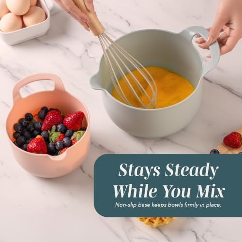 COOK WITH COLOR Nesting Plastic Mixing Bowl Set with Pour Spouts and Handles, Teal and Pink, 4 Piece Non-Slip