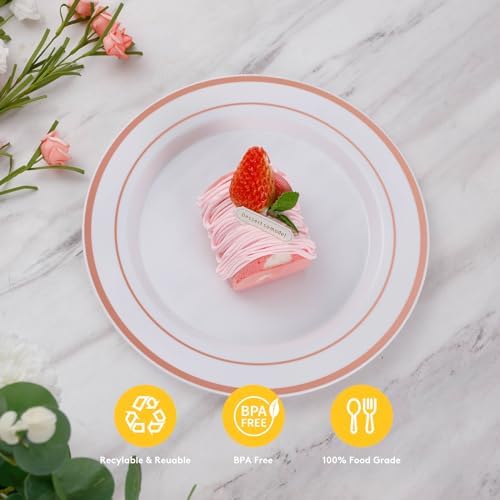 Goodluck 200PCS Rose Gold Plastic Plates, Heavy Duty Disposable Plates