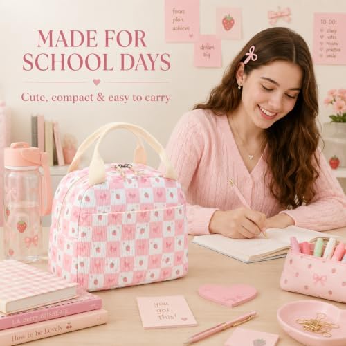 Bluboon Lunch Bag for Women Cute Corduroy Lunch Tote Bags with Shoulder Strap Reusable Insulated Lunch Box Large Capacity Reusable Insulated Cooler for Work Picnic or Travel