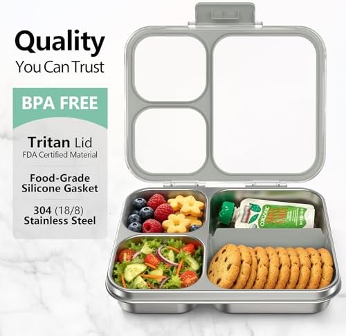 HOMEKOL Stainless Steel Bento Lunch Box 3-Compartment, 4.2Cups, Grey