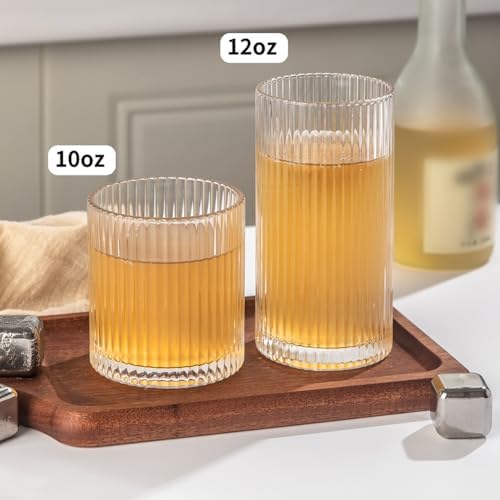Ribbed Drinking Glasses 12pcs, 12oz and 10oz Glassware, Tumbler Glasses Cup Set for Wedding, Party, Christmas Gift, Clear