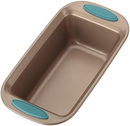 Rachael Ray Cucina Bakeware Oven Lovin' Nonstick Loaf Pan, 9-Inch by 5-Inch Steel Pan, Latte Brown with Agave Blue Handles