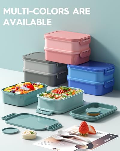 KEMETHY Adults Bento Lunch Box Set with Thermo Bag, 74oz Stackable Leak-proof 3-tiers Bento Box, Built-in Utensil and Sauce Container for Work, School, Dining Out (Green)