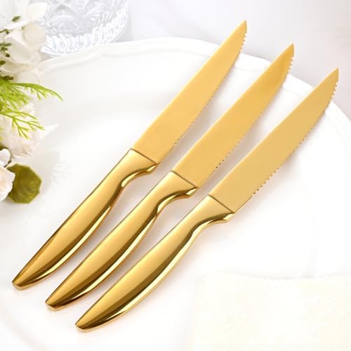 Serrated Steak Knives Set of 6, Gold Kitchen Steak Knives Dishwasher Safe