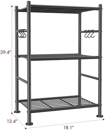 Sakugi Storage Shelves - 3-Tier Large Capacity Shelf Organizer with Hooks, Heavy-Duty Garage Shelving with Leveling Feet, Wobble-Free Rack for Bedroom, Balcony, Garage, 18.1"×12.4"×29.4", Black