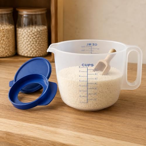 8 Cup Measuring Cup with Splash Guard Lid, BPA-Free Plastic Mixing Bowl for Baking, Pancakes & Meal Prep, Clear Accurate Measurement Marks