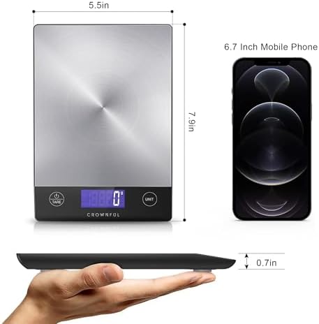 CROWNFUL Food Scale, 33lb Rechargeable 304 Stainless Steel Digital Kitchen Scale Weight Grams and Ounces with LCD Display and Type-C Charging for Meal Prep, Baking and Cooking