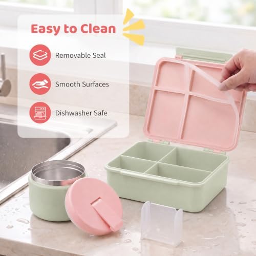 Bento Lunch Box with 8oz Soup Thermo, Kids Leakproof Lunch Food Containers with 4 Compartment, Kids Thermo Insulated Hot Food Jar for School, Trvael (Green-Pink)