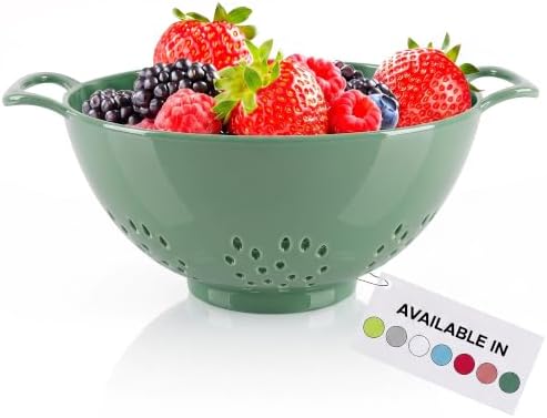 Meadow Lane 6-inch Small Colander, BPA-Free, Dishwasher Safe, Double Handles, Compact Food Strainer for Berries, Veggies and Pasta, 3-Cup Capacity, Sage Green