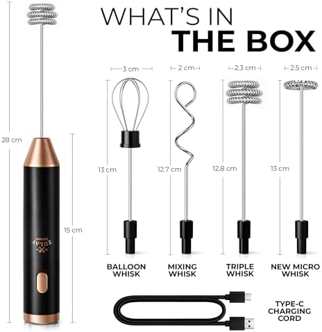 Zulay Kitchen Rechargeable Milk Frother Handheld - Frother Wand, Drink Mixer, Electric Whisk Frother, for Cappuccinos, Matcha & Protein Powder - Ultra Metal 4 Whisk, 1800mAh Black Copper