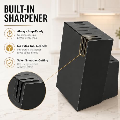 19-Piece Black Kitchen Knife Block Set with Built-in Sharpener