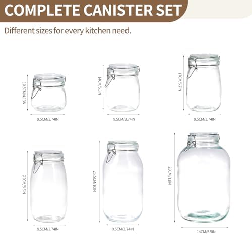 ODBCYWM 17oz Glass Food Storage Jars with Airtight Lids, Set of 6 – Clear Preserving Seal Wire Clip Fastening Canisters for Kitchen Canning, Flour, Cereal, Pasta, Sugar, Beans, Pickling Jars (17oz*6)