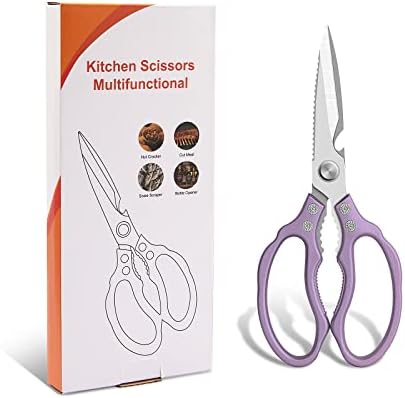 CGBE Kitchen Scissors All Purpose Heavy Duty, Ultra Sharp Stainless Steel Kitchen Shears Dishwasher Safe, Cooking Shears for Chicken, Poultry, Fish, Meat, Herbs & Grapes with Non-Slip Grips - Purple