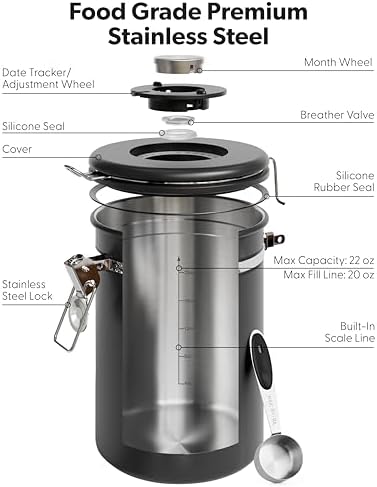 Veken Coffee Canister with Window, Airtight Stainless Steel Container, 22OZ