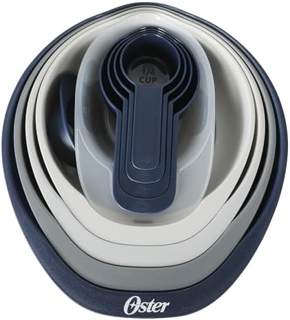 Oster 12 Piece Nesting Mixing Bowl Set, 3 Bowls with Lids & 6 Measuring Cups, Non-Slip Bases, Pour Spouts, Space-Saving Kitchen Prep Set, Dishwasher Safe