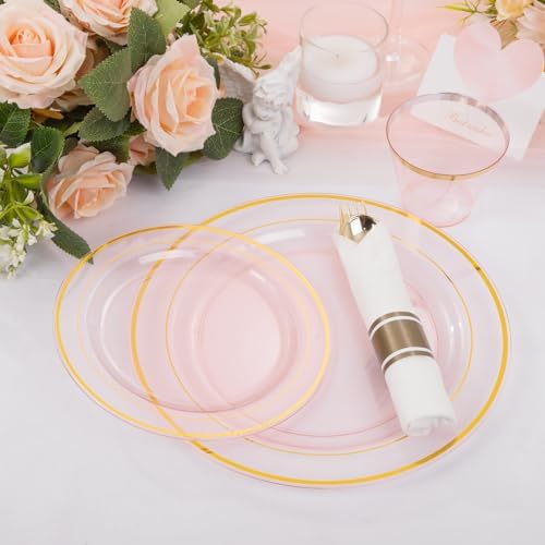 WELLIFE 350Pcs Clear-Pink Plastic Dinnerware- Pink and Gold Plastic Dinnerware include 50 Dinner Plates, 50 Dessert Plates, 150 Gold Silverware, 50 Cups and 50 Napkins Perfect for Parties