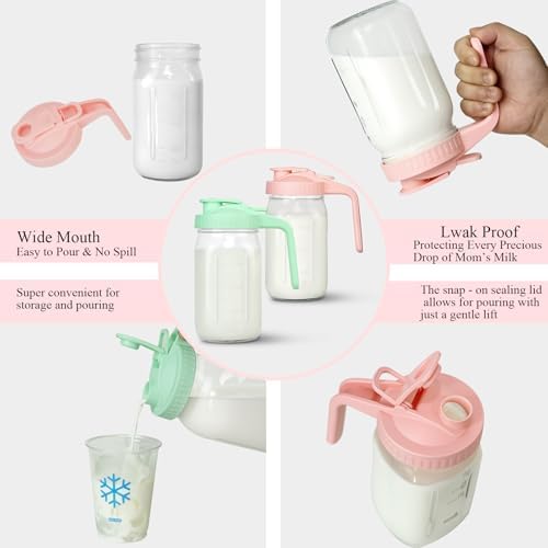 Mason Jar Pitcher, 32 oz Glass Milk Pitcher, Wide Mouth & Leakproof Glass Pitcher with Lid for milk, Sun Tea, Juice, Cold Brew Coffee and Drinks