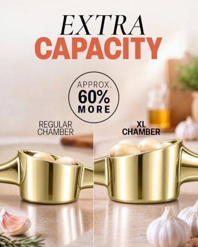 Zulay Kitchen Large Premium Garlic Press Set - Bigger Bowl for Bigger Garlic - Rust Proof Garlic Mincer Tool - Easy-Squeeze, Easy-Clean Silicone Garlic Peeler & Brush (Gold)