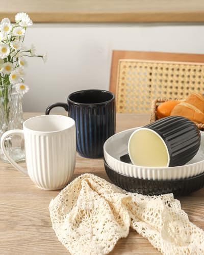 HASENSE 16oz Ceramic Coffee Mugs Set of 4, Black Ribbed Latte Cups with Large Ergonomic Handle, Modern Lightweight, Great for Coffee, Tea & Cocoa, Dishwasher & Microwave Safe