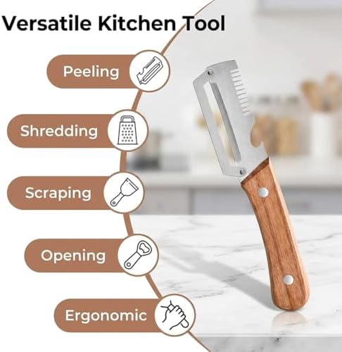 2 Pack Multifunctional Vegetable Peeler, 3-in-1 Peelers For Kitchen with Bottle Opener, Sharp Stainless Steel Swivel Blade, Wooden Handle, For Vegetables or Fruits that Need to Be Peeled