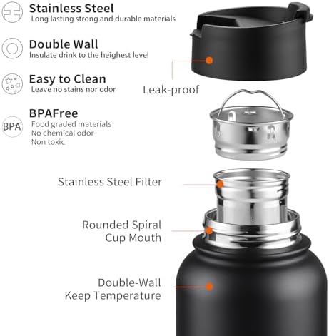 Sivaphe 32 oz Tea Infuser Bottle With Removable Filter,18/8 Stainless Steel Insulated Water Bottle for Loose Leaf Tea,1L Strainer Travel Tumbler with Lid Black