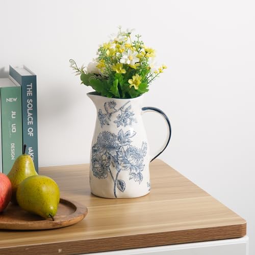 Ceramic Pitcher Vase, Blue and White Vase for Home Decor, Chinoiserie Decor