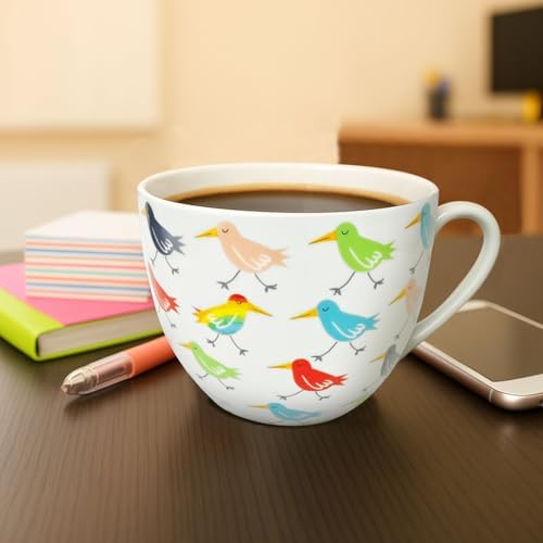 Birds Mugs for Daily Coffee and Tea, Premium 20 oz Bone China Coffee Tea Hug Mug, Perfect Holiday, Birthday and Christmas Gift for Bird Lovers, Designed in England by Harvest Green Studio
