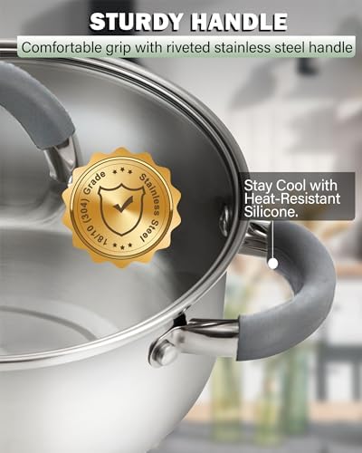 Cook N Home Basics 12 Quart Stainless Steel Stock Pot with Lid, Cooking Pot for Pasta, Soup, Stay-Cool Silicone Handle, Stockpot with Even Heating, Oven Safe, Cookware for Canning, Boiling, Simmer