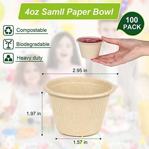 4 oz Small Paper Bowls, 100 Pack Compostable Bagasse Fiber