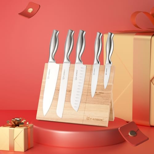 Kitchen Knife Set, 6-Piece German Steel Knife Set with Wood Magnetic Knife Holder Block Professional Chef's Knife with Sharp Blades and Hollow Handle