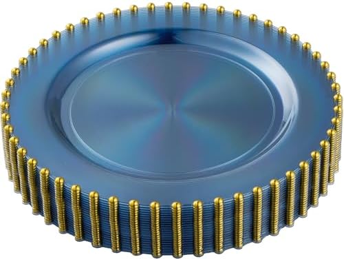 PLASTICPRO 64 Piece Combo Plastic Dinner Plates Disposable Plastic Fancy Heavy Duty Party Dishes 7 inch and 10 inch, Translucent Blue and Gold Beaded