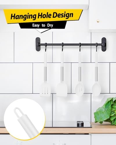 Pack of 4 Silicone Cooking Utensils Set, Non Stick Large Solid Spatulas, Heat Resistant Slotted Spoons, Ideal BPA Free Kitchen Turners for Frying, Mixing,Serving,Draining,Turning,Stirring (WHITE)