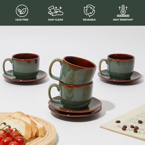Pokini Stoneware Coffee Cups with Saucers, Cappuccino Cups, Mugs Set of 4