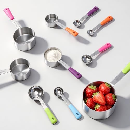 Bopei 10-Pcs Stainless Steel Measuring Cups & Spoons Set, Colorful Handles