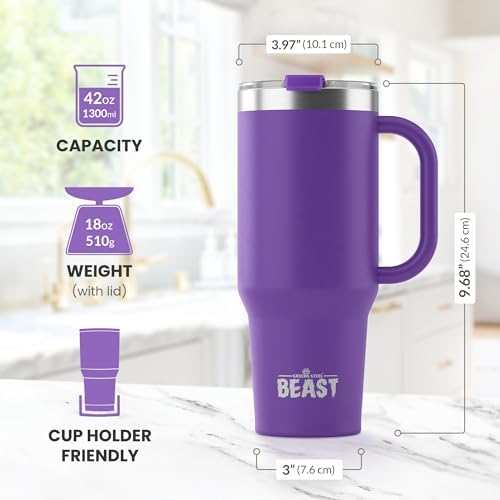 Beast 42 oz Tumbler with Handle Stainless Steel Vacuum Insulated Coffee Ice Cup Double Wall Travel Flask (Deep Purple)