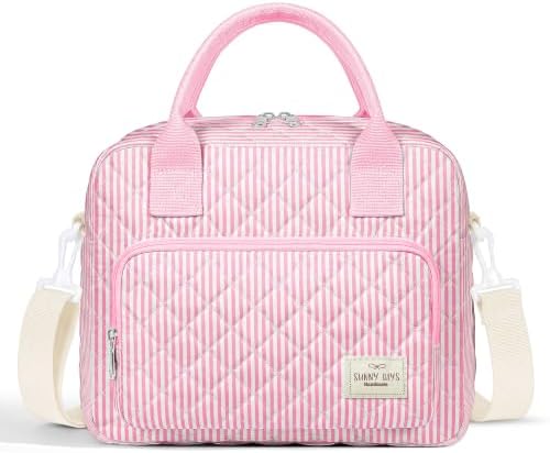 WOBAGMEN Quilted Lunch Box for Women, Insulated Lunch Bag for Adult, Cute Lunch Tote Bags for Work Picnic Travel (Pink Stripes, M)