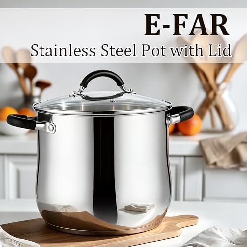 E-far 12 Quart Stock Pot with Lid, Stainless Steel Pot for Soup Simmering