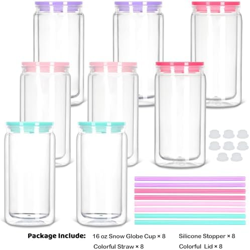 8 Pack Plastic Snow Globe Tumbler, 16 Oz Double Wall Plastic Can with Lid and Straw, Mason Jar Mug for Snow Globe Glitter DIY Gift (Mixed Colors)